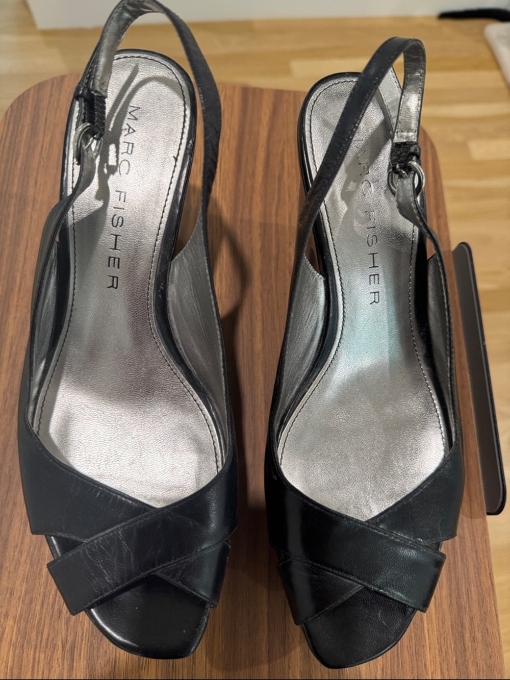 Marc Fisher Black Leather Slingback Peep-Toe Heels